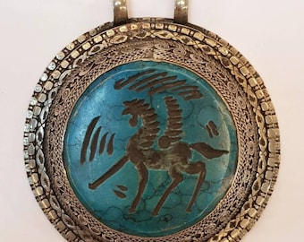 Vintage Silver Afghan Pendant: Egyptian Turquoise Pegasus Intaglio