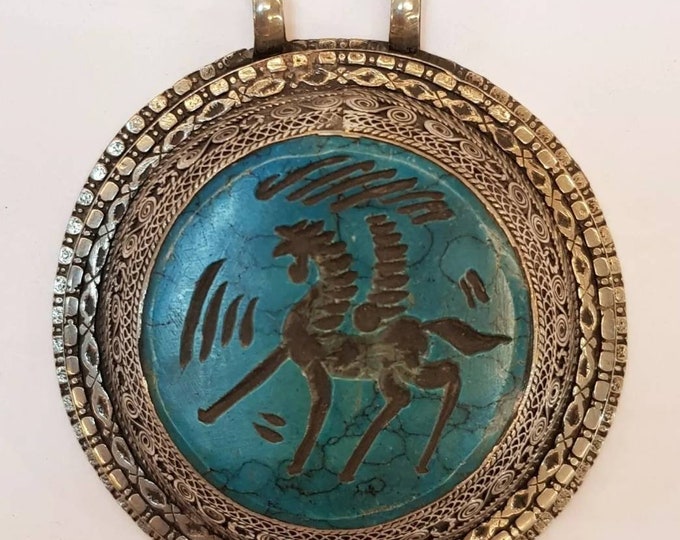 Beautiful Old Silver Afghan Pendant With Egyptian Turquoise Pegasus Intaglio