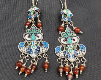 Antique Silver Enamel Earrings: Handmade Agate Stone Dangles