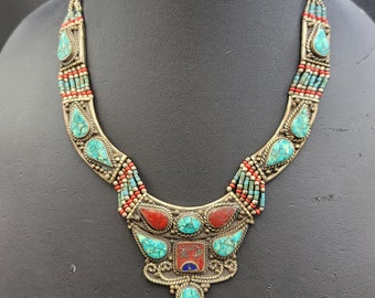 Vintage Old Silver Authentic Gorgeous Necklace With Natural Turquoise And Coral Gemstone