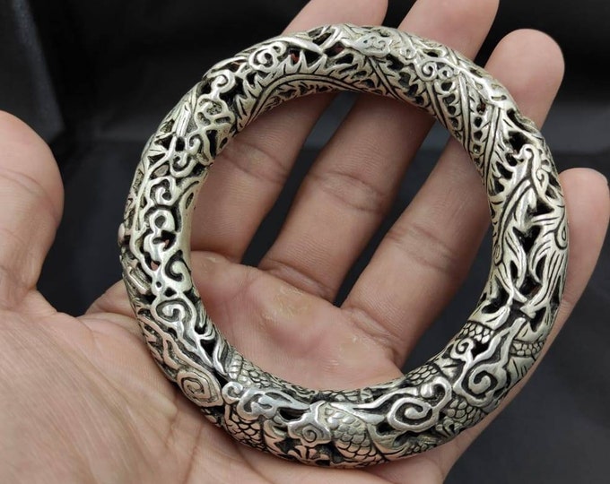 Wonderful Antique Silver Tibetan Massive Dragon Carved Lucky Bangle /Barcelet