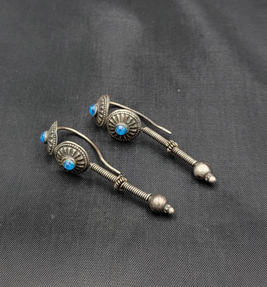 SUPER Unique Utman Empire Beautiful Antique Silver Earrings With Blue ...