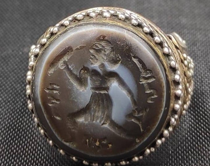 Ancient Agate Eyes Stone Roman Fighter Intaglio Old Silver Unique Ring