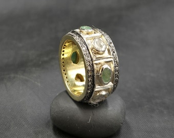 Beautiful Vintage Victorian Design Handmade Silver Gold Plated Ring With Natural Rose Cut Daimond And Emerald Stone