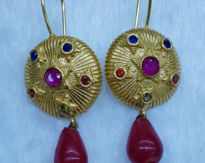 Gold Plated Earings With Beautiful Red Tinny Ruby Stone And Blue Sapphire Stone