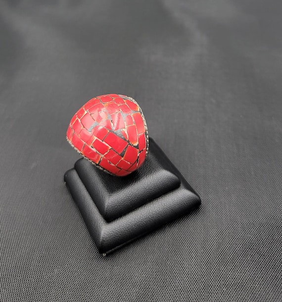 Vintage Red Coral Stone Ring: Handmade Tibetan Silver, Size 10