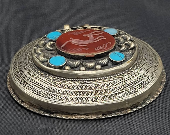 Huge Silver Near Eastern Antique Pendant With Agate Stone Deer Intaglio