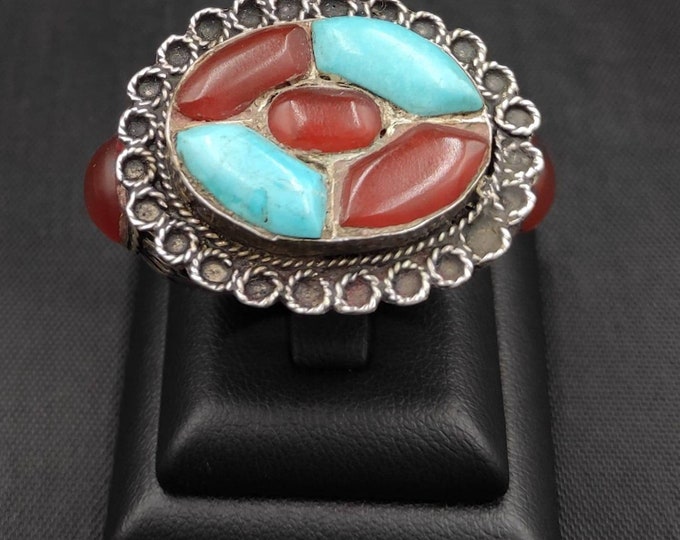 Mughal Empire Old Silver Ring With Red Agate & Turquoise Stone