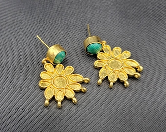 Vintage Gold Plated Malachite Earrings: Handmade Floral Design