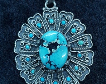 Wonderful Old Silver Vintage Sterling Silver Handmade Turquoise Stone Pendant