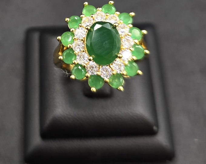 Vintage Silver Gold Ring with Natural Emerald, Adjustable
