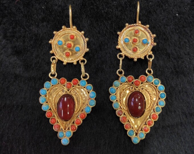 Unique Tribal Antique 20k Gold Over Silver Vintage Earrings With Agate Gemstone