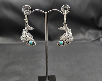 Unique Handmade Sterling Vintage Silver Earrings With Natural Turquoise Stone