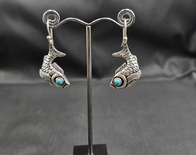 Unique Handmade Sterling Vintage Silver Earrings With Natural Turquoise Stone