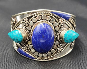 Vintage Silver Bangle Bracelet: Lapis Lazuli & Turquoise Stone (7cm)