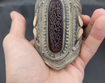 巨大なヴィンテージエジプトシルバーバングル、天然瑪瑙とイスラムの