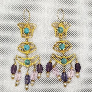 Orecchini vintage in argento placcato oro: turchese e ametista, gioielli etnici afghani