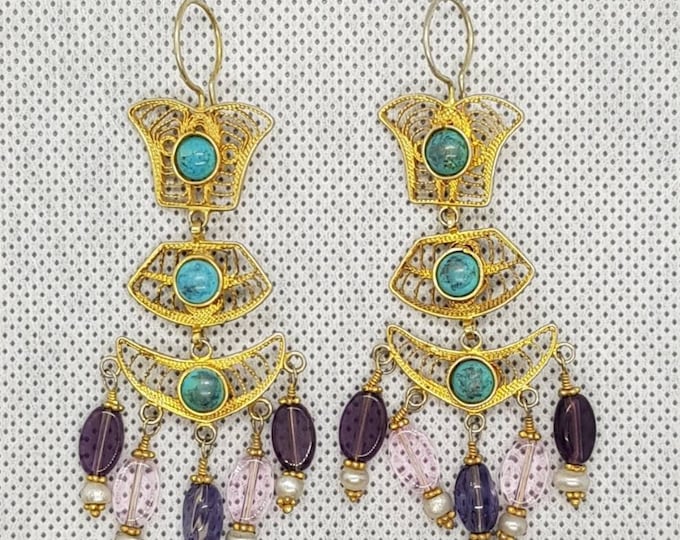 Gold On Silver Vintage Beautiful Earrings With Turquoise and Amethyst Stone