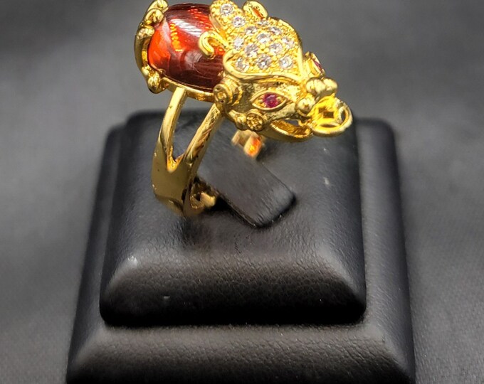 Silver Gold Plated Drogon Ring Vintage Near Eastern with Red Garnet Adjustable Free Size Ring