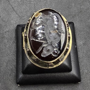 Könnte beinhalten: Ein silberner Ring mit einem dunkelroten ovalen Stein, der ein geschnitztes Design eines Vogels und eines kleinen Tieres zeigt.