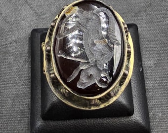 Vintage Sterling Silver Agate Ring: Handmade Bull Intaglio, Size 9