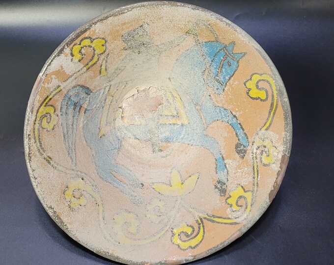 Ancient Beautiful Antique Ceramic Bowl With King Ride Horse Afghanistan Art Deco