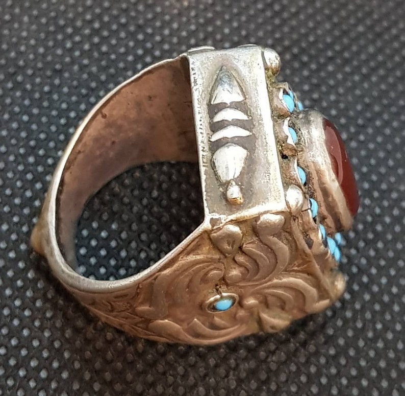 Wonderful Old Silver Antique Ring With Beautiful Agate And Turquoise Stone