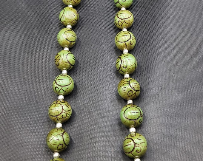 Beautiful Quality Natural Tibetan Old Carved Turquoise Round Beads 14mm Beads Necklace