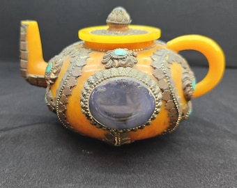 Vintage Tibetan Teapot: Handmade Gemstone Inlay, Rare Authentic Design
