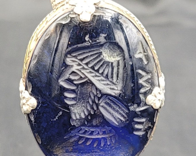 Ancient Bule Agate Unique Cicra Late 2nd Millennium BC Gilgamesh Intaglio Silver Pendant
