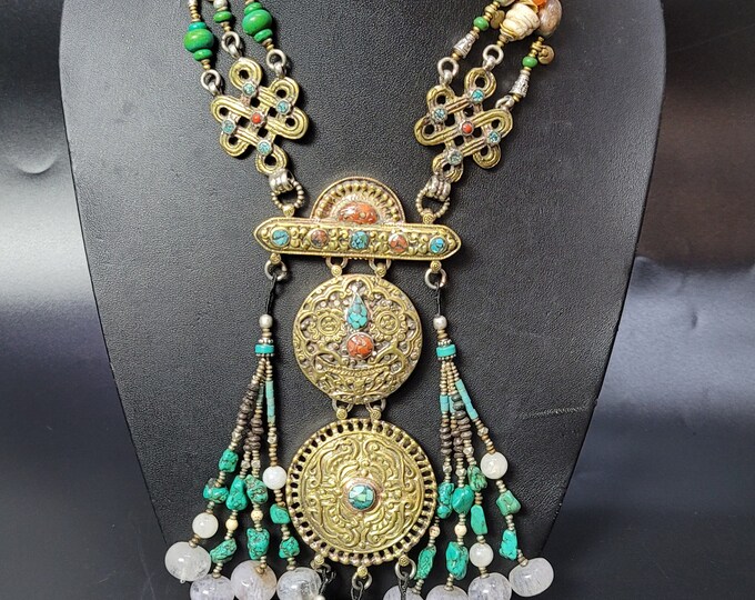 Huge Vintage Antique Tibeten Natural Turquoise And Coral Stone Wonderful Silver Necklace