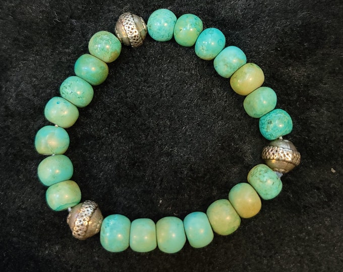 Vintage Tibeten Turquoise Stone Beads Bracelet With Vintage Silver Beads
