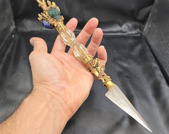 Antique Tibetan Phurba Dagger: Gold-Gilt, Crystal Quartz & Silver