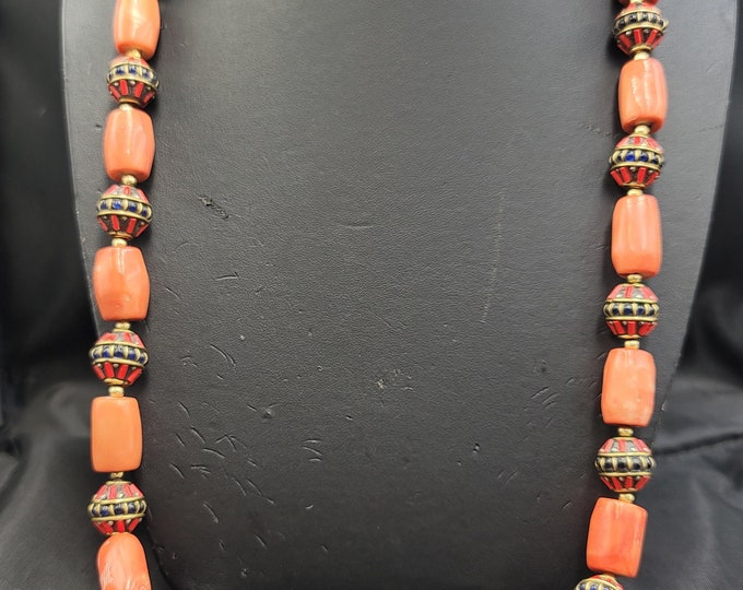 Genuine Antique Old Natural Coral And Brass Stone Beads Wonderful Necklace