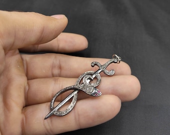 Vintage Silver Snake & Sword Pendant: Ruby Diamond Victorian Design