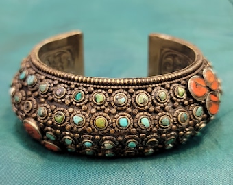 Handmade Silver Bangle: Vintage Turquoise & Coral Stone Bracelet