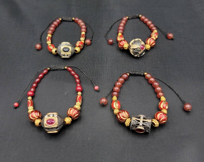 Beautiful Gemstone Red Agate Stone With Vintage Beads With Ruby Gemstone Adjustable Bracelet