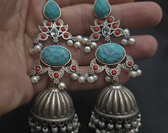 Beautiful Vintage Soild Silver Handmade Afghan Earrings With Natural Turquoise Stone