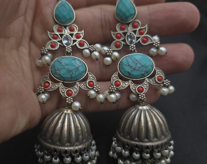 Beautiful Vintage Soild Silver Handmade Afghan Earrings With Natural Turquoise Stone