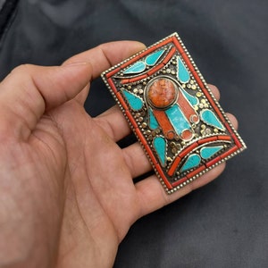 Vintage Tibetan Silver Belt Buckle: Handmade Turquoise Coral Gemstone