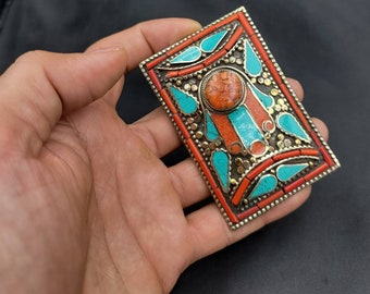 Vintage Tibetan Silver Belt Buckle: Handmade Turquoise Coral Gemstone