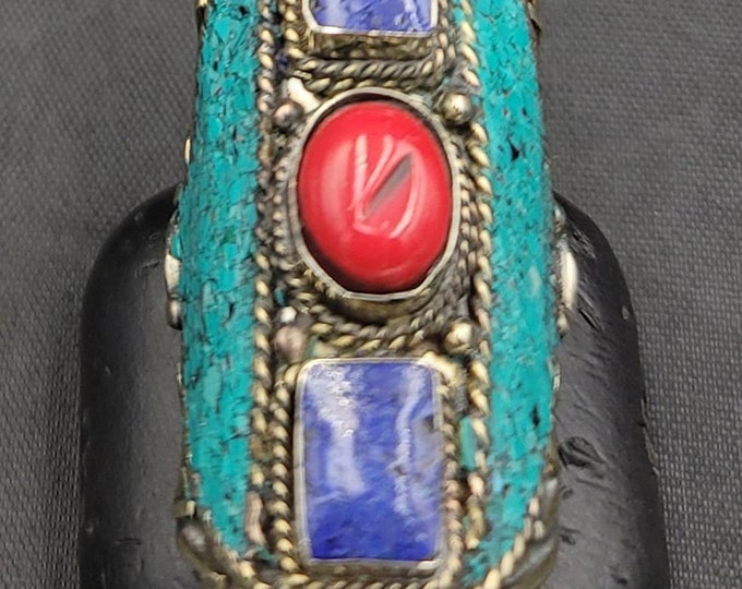 Vintage Beautiful Tibeten Silver Huge Ring With Turquoise Lapis Lazuli Stone And Red Coral