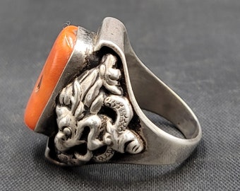 1000 Genuine Antique Old Natural Big Coral Huge Od Ring Silver Coral