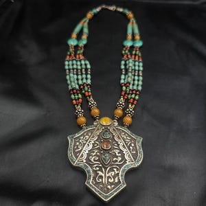 Antique Tibetan Silver Necklace: Turquoise & Coral Gemstone Pendant