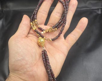 Vintage Garnet Gemstone Necklace: Gold Plated Carved Beads, 78cm