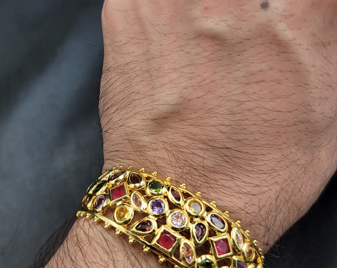 Lovely Vintage Victorian Gold Over Silver Vintage Bangle Bracelet With Natural Multi Simi Precious Gemstone