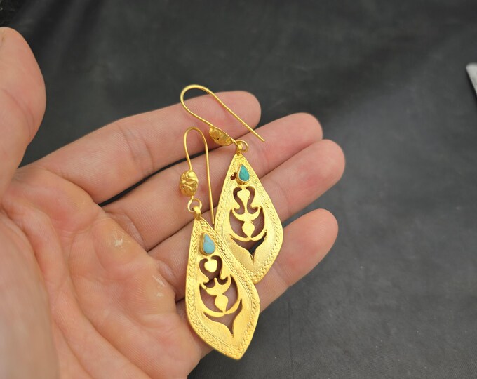 Antique Silver Gold Plated Beautiful Handmade Afghanistan Earrings With Natural Turquoise Stone