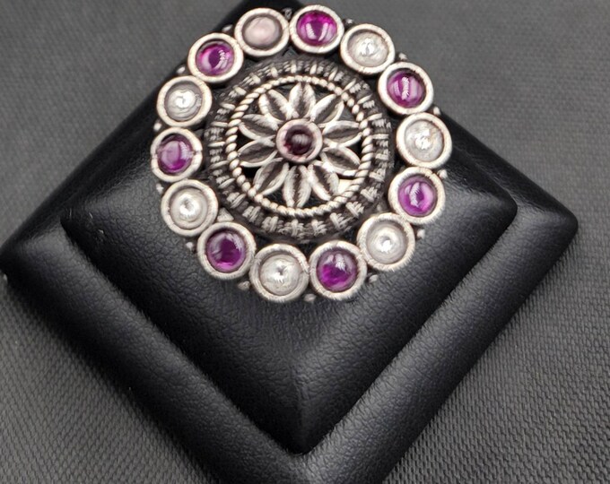 Near Eastern Old Silver Vintage Ring With Natural Ruby And White Toppaz Gemstone