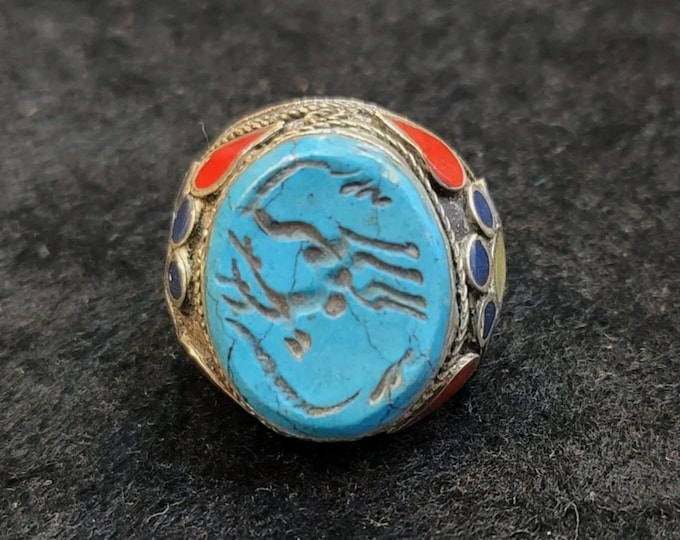 Near Eastern Vintage Mix Silver Antique Huge Ring With Turquoise Deer Intagilo