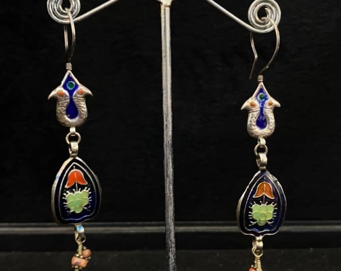 Unique Morockish Old Silver Vintage Style Earrings With Beautiful Enamel Art